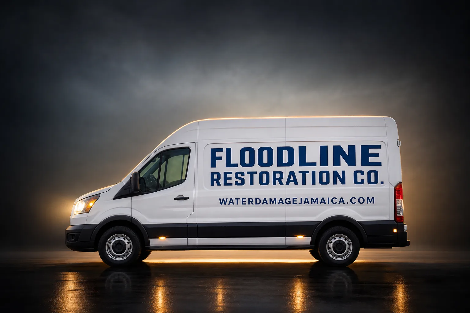 Floodline Restoration Co. damage restoration service vehicle and crew in Jamaica, NY